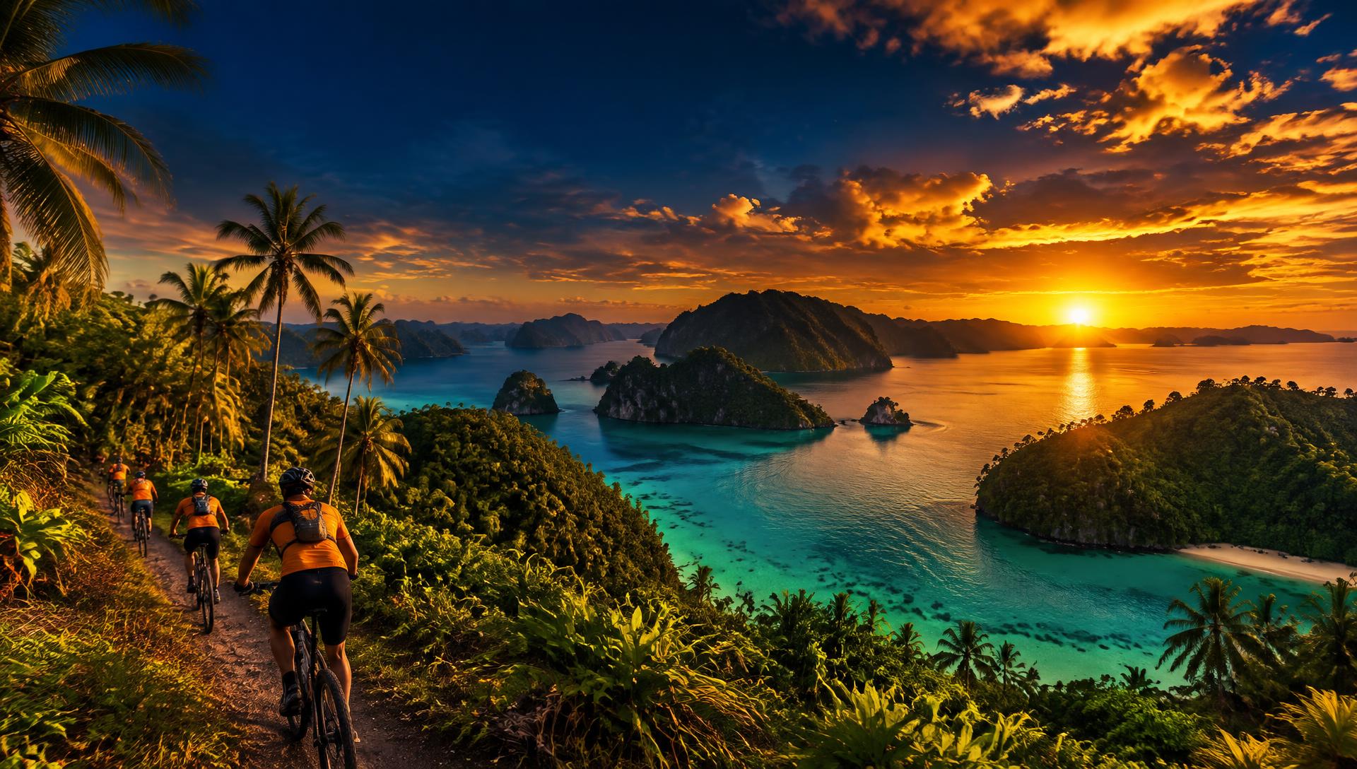 Cyclists riding above tropical islands at sunset